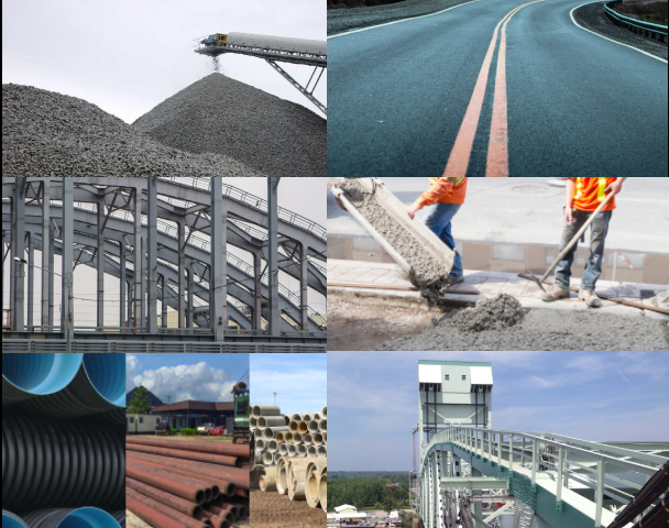 Icon showing a collage of aggregate piles, roadway, concrete work, pipes, and structural steel representing materials resources.